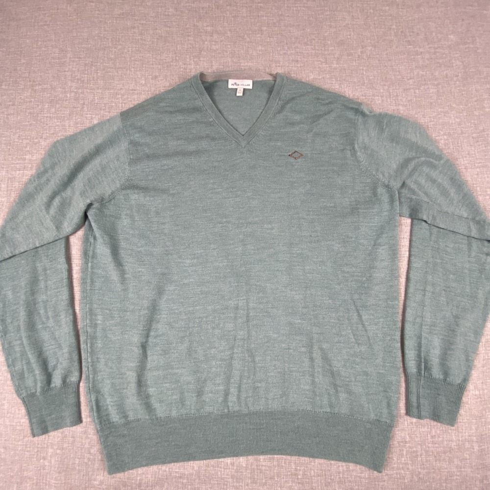 Peter Millar Sweater Mens XL Green V Neck Wool Silk Tight-Knit Pullover